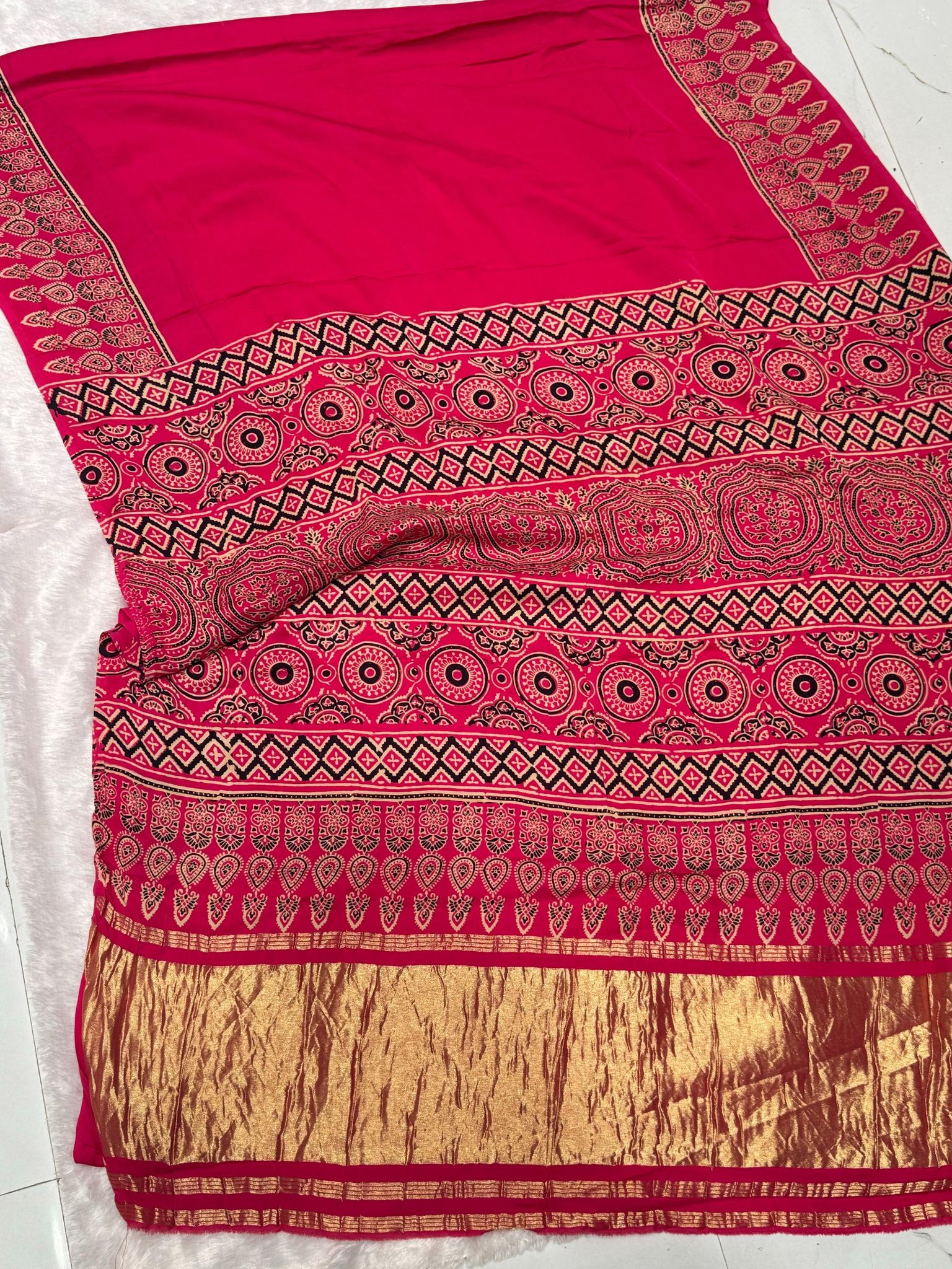 Rani Ajrakh Hand Block Modal Silk Plain Saree With Fancy Zari pallu