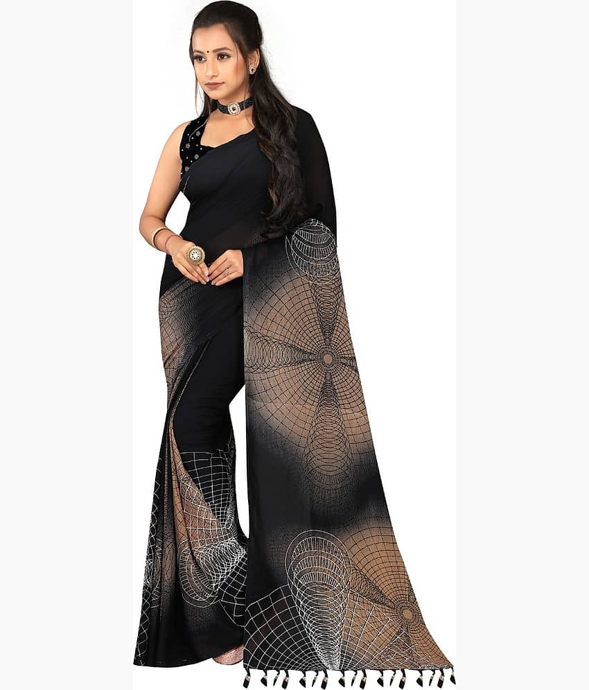 LEELAVATI Georgette Embroidered Saree With Unstitched Blouse Piece ( Black )