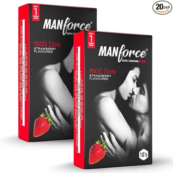 MANFORCE 3 in 1 Wild Ribbed Contour Dotted Strawberry Flavor Condoms - 10 Pieces x Pack of 2 Condom (Set of 2 20 Sheets)