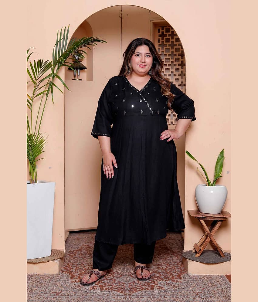 miravan Women Rayon Embroidered Angrakha Kurti With Palazzo ( Black )