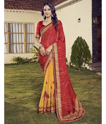 Satrani Chiffon Printed Saree With Unstitched Blouse Piece ( Red )