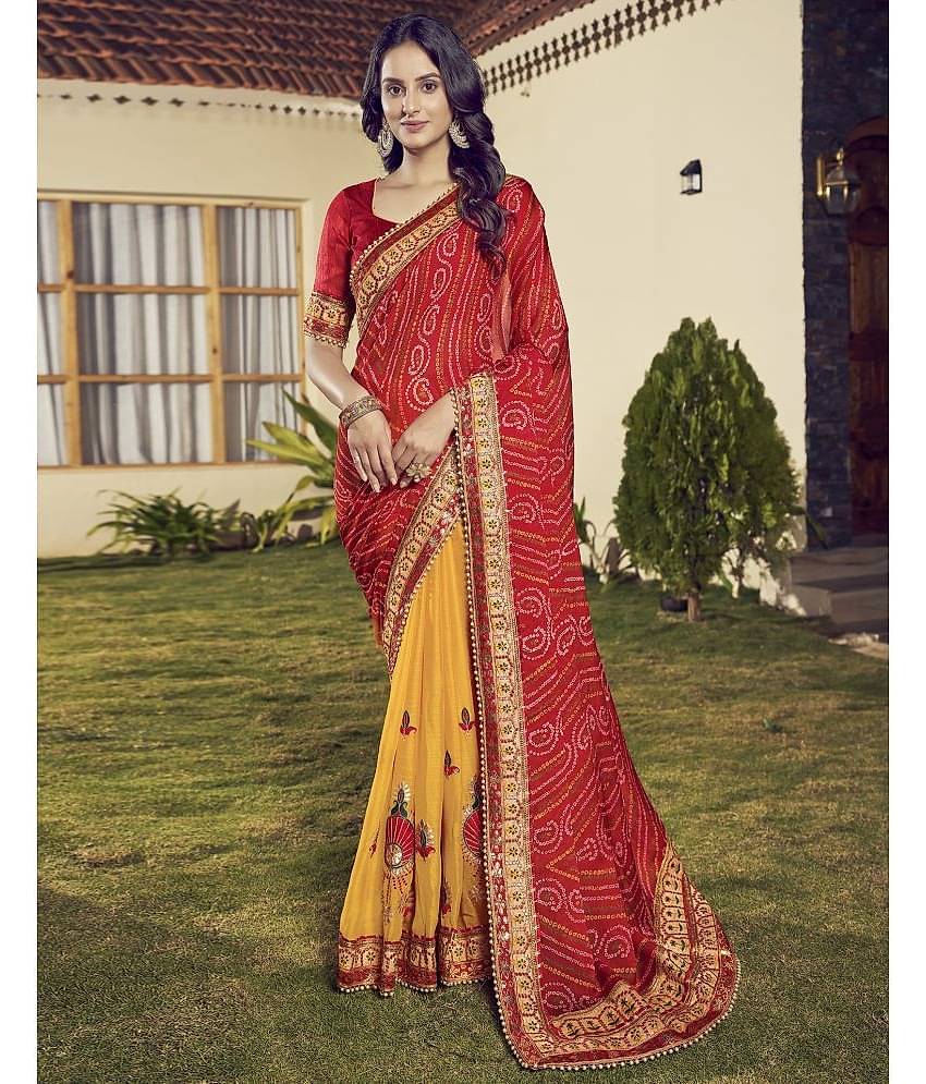 Satrani Chiffon Printed Saree With Unstitched Blouse Piece ( Red )