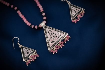 Hand Painted Pink Mystic Triangle Enamel Silver Necklace Set