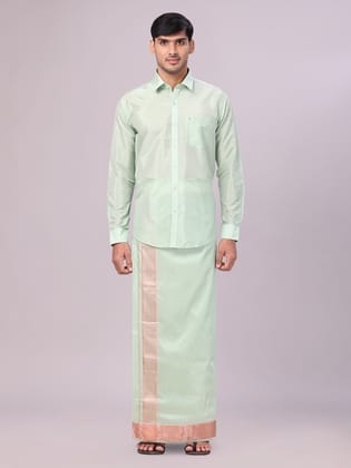 Men's Art Silk Pista Full Sleeves Shirt with 3 1/2" Lt.Copper Jari Border Dhoti Combo Haldi-36 / F/S / Pista