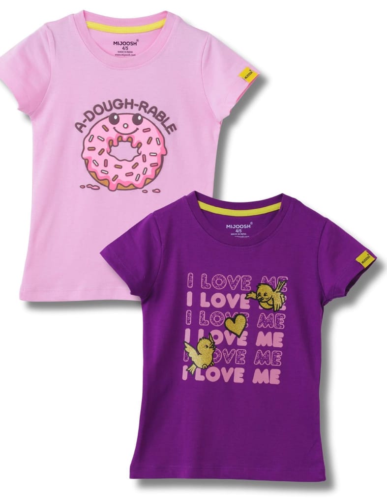 Exclusive Kids Girls T-Shirt Bonbon Pink / Sparking Grape Violet, Soft Cotton, Ages 2-6 (2pcs pa