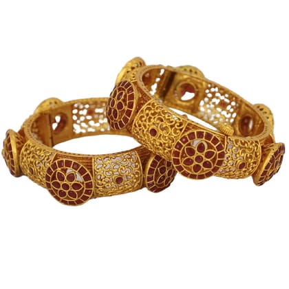 Trendisia Antique Gold-Plated Filigree Bangles with Floral Disc Motifs & Ruby Stones