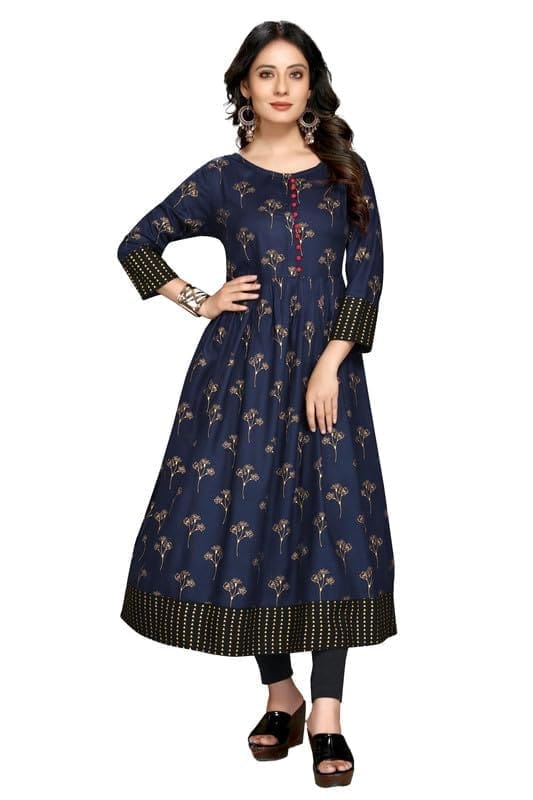 Women's Casual 3/4 Sleeve Viscose Rayon Printed Kurti (Dark Blue, 2XL)-PID46372