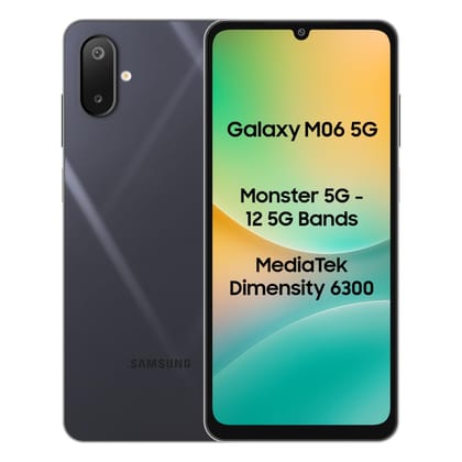 Samsung Galaxy M06 5G (Blazing Black, 6GB RAM, 128 GB Storage) | MediaTek Dimensity 6300 | AnTuTu Score 422K+ | 12 5G Bands | 25W Fast Charging | 4 Gen of OS Upgrades | Without Charger