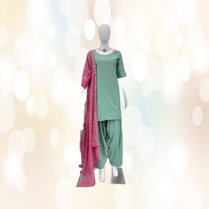 Women's Pastel Green Salwar Kurta Set with Pink Embroidered Dupatta | Ethnic Festive Wear | Traditional Suit Set