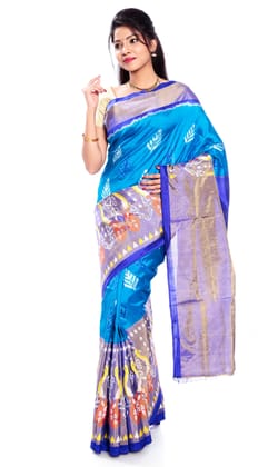 Blue Pochampally Saree - Ikkat Silk Saree with Peacock Design Border