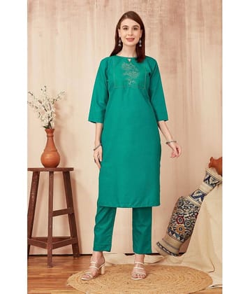 TRAHIMAM Cotton Blend Embroidered Kurti With Pants Women's Stitched Salwar Suit - Green ( Pack of 1 )