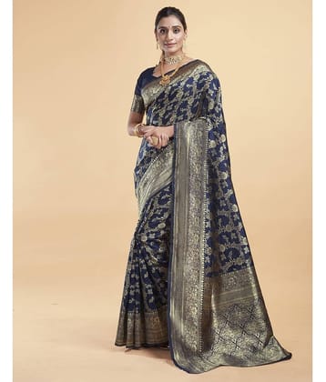 Samah Silk Woven Saree With Unstitched Blouse Piece ( Navy Blue )