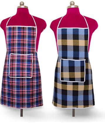 CreadCraft Cotton Checks Kitchen Apron with 1 Center Pocket ( Pack of 2 )