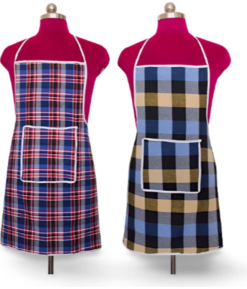 CreadCraft Cotton Checks Kitchen Apron with 1 Center Pocket ( Pack of 2 )