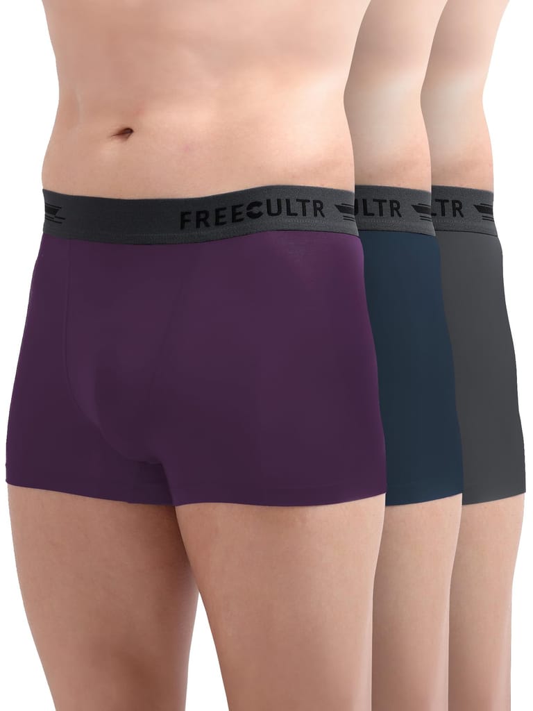 FREECULTR Men's Underwear Anti Bacterial Micromodal Airsoft Trunk - Non Itch No Chaffing Sweat Proof -  Pack of 3-Trippy Violet,Prussian Blue,Ash Grey