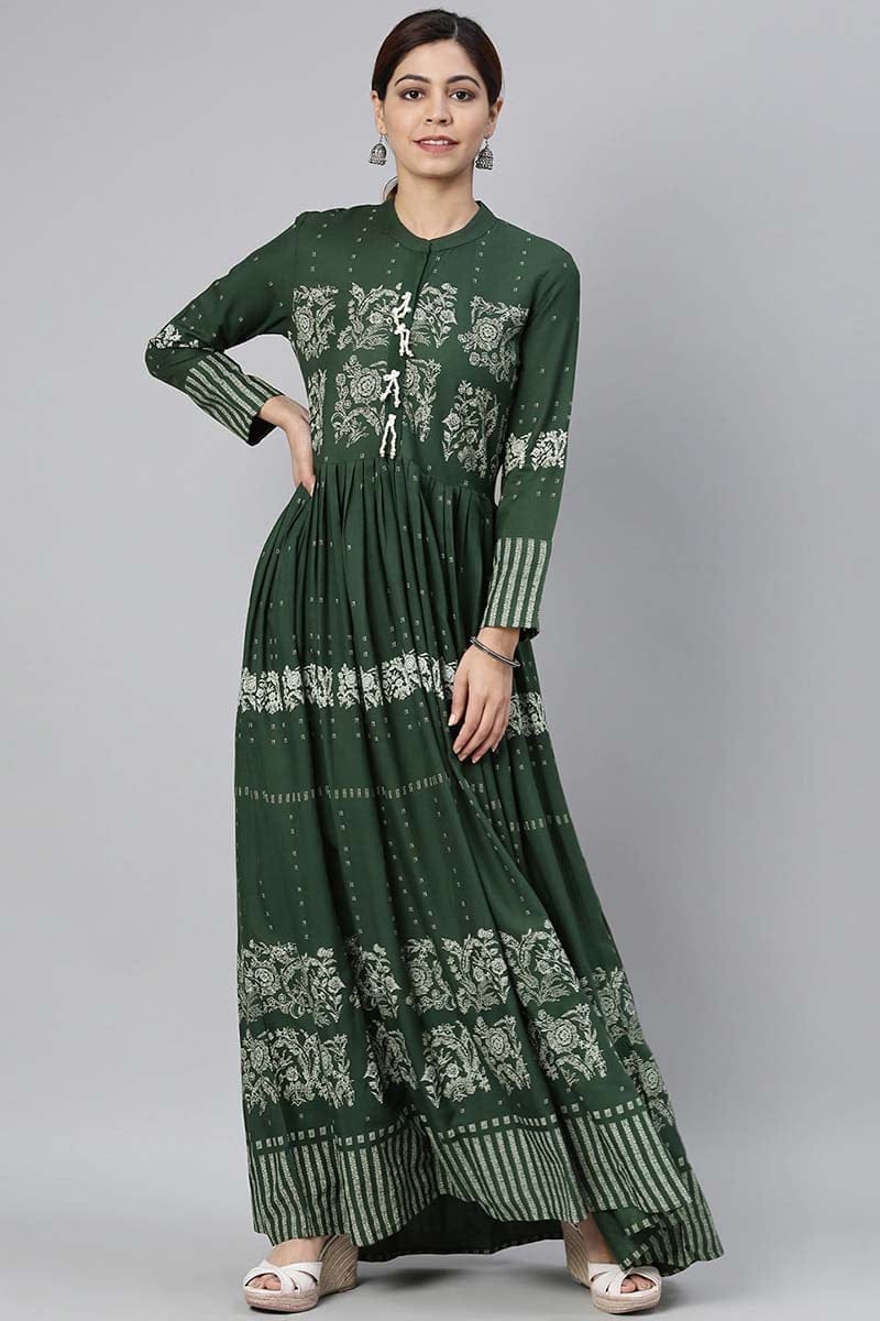 Women Olive Green Floral Printed Kurta VCK8293