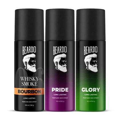 Beardo Pride, Glory & Whisky Smoke Bourbon Perfume Body Spray 150ml x (Set of 3) Long lasting Fougere, Aromatic Deodorant | Deo For Men | Christmas gift for men | Gift For Friends | Gift for Men Beardo Pride, Glory & Whisky Smoke Bourbon Perfume Body Spr