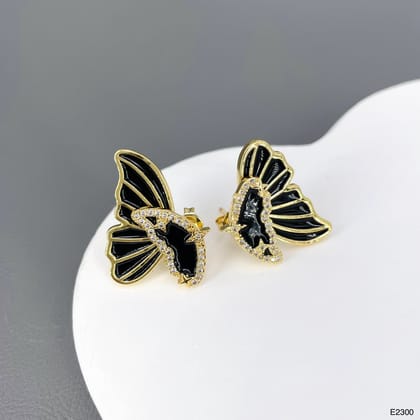Dual Butterfly Black 18K Gold Cubic Zirconia Enamel Copper Anti Tarnish Ear Cuff Earring For Women-Black