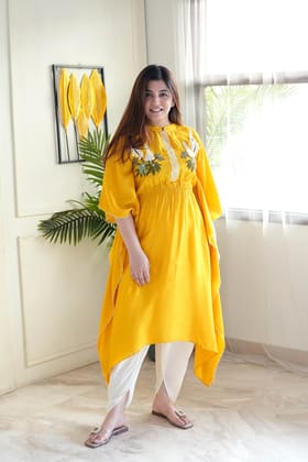 Saba Yellow Hand Embroidered Kaftan Set-L
