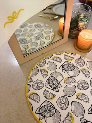 KRI India Tots Lemons Round Placemats Set|Set of 2 | Black & White with lemon yellow embroidery detailing  | 16 inches | Wash & Care | 100% Cotton | Handcrafted in India. 100% organic & natural.