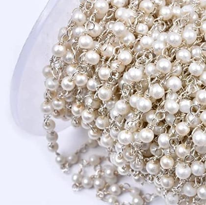 3mm Acrylic Pearl Beaded Chain Silver Plated  in Long Lasting Brass Wire-Silver / 3mm / 50 Meters
