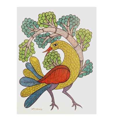 Handcrafted Gond Bird with Tree Painting – Tribal Folk Art Handcrafted Gond Bird with Tree Painting – Tribal Folk Art