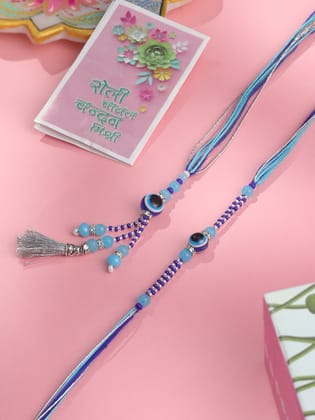 NVR Set of 2 Blue Evil Eye Artificial Beads Bhaiya Bhabhi Rakhi with Roli Chawal Chandan & Mishri-One Size / Blue
