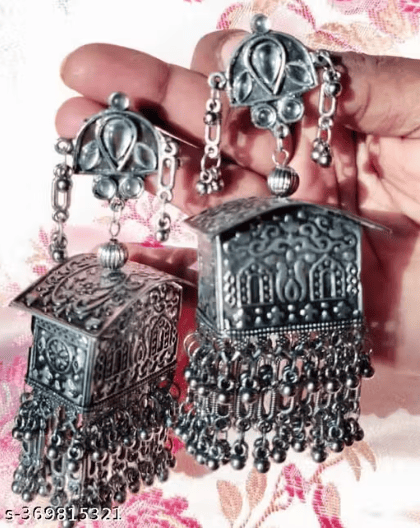 DAFYRA Creations Beautiful Hut shape Big Jhumka oxidised silver jhumka earring