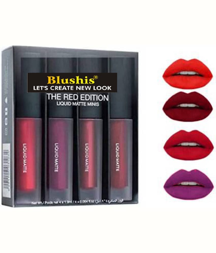 Blushis Super Stay Matte Ink Bold Lip Color Liquid Lipstick Combo Pack Of 4 Peice(Red, 64 Ml)