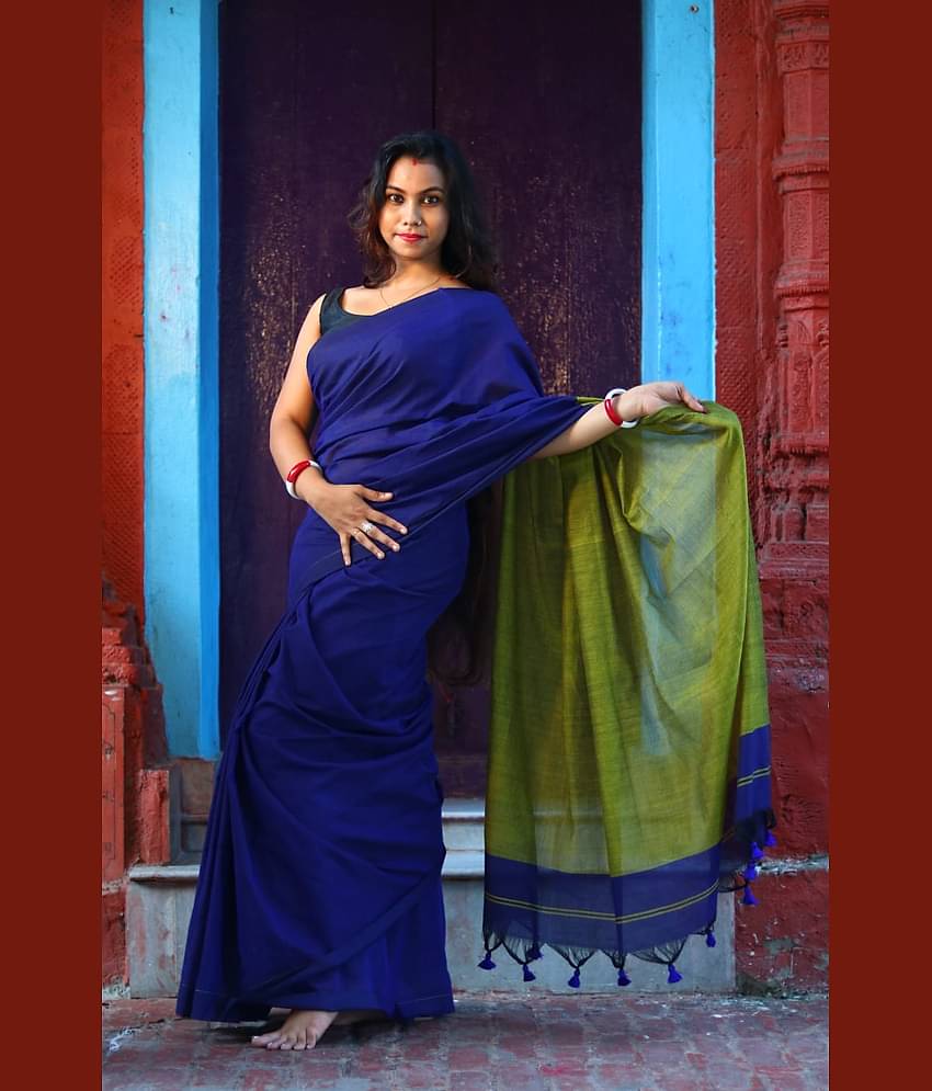 SARADA HANDLOOM Cotton Colorblock Saree With Unstitched Blouse Piece ( Blue )