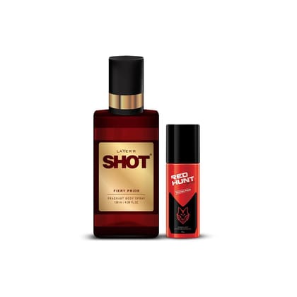 Layer'r Shot Fragrant Body Spray For Men- Pack of 2 | Fiery Pride (130ml) & Red Hunt Shaving Foam (50ml) | Long-Lasting & Skin-Friendly Premium Fragrance | Perfect For All Occasions | Gift For Men