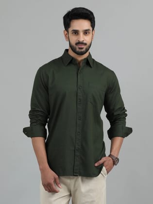 Textured Men Shirt, Regular Fit, Pure Cotton, Full Sleeve, Olive-S