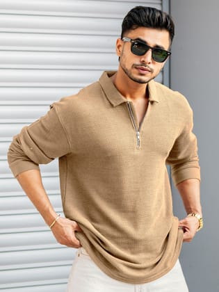 Umbrella Beige Full Sleeve Polo T-Shirt-S