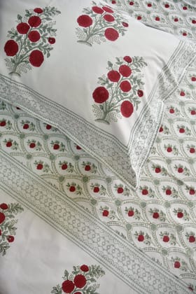 Red Flower Jaal Buta Premium Hand Block Bedsheet King 90x108 inches