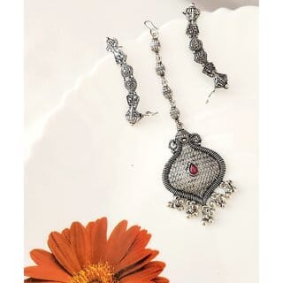 Oxidized silver- plated pink stone maangtika Earcuff Combo (set pack of 1)
