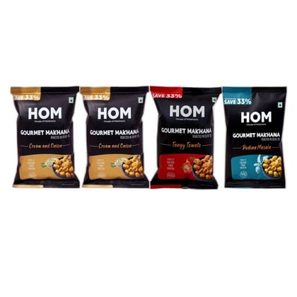 Gourmet Makhana (Pack of 4) with Flavours of Pudina Masala, Cream & Onion , Tangy Tomato , Cream & Onion. - 56 gm