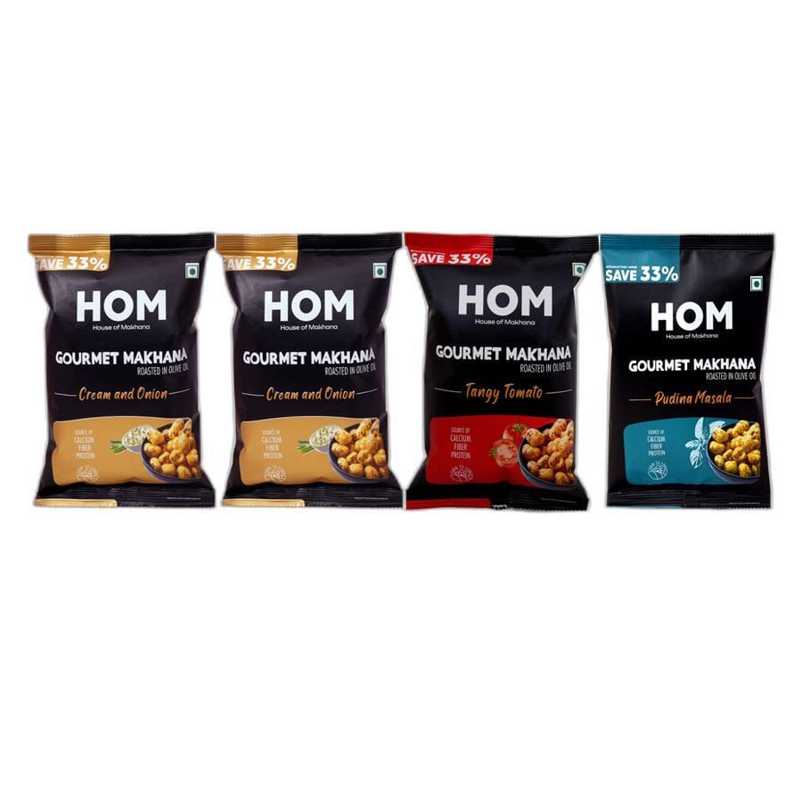 Gourmet Makhana (Pack of 4) with Flavours of Pudina Masala, Cream & Onion , Tangy Tomato , Cream & Onion. - 56 gm