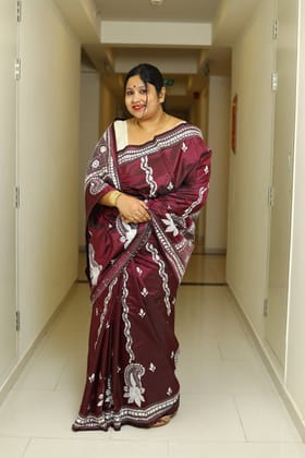 Rashmi-Red Wine/Burgundy Pink / Art Silk / Hand Embroidery Kantha Silk