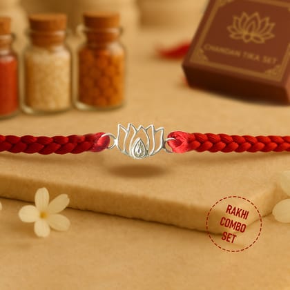 92.5 Silver Lotus Rakhi with Chandan Tilak Set