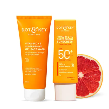 Dot & Key Vitamin C+E Super Bright Sunscreen Spf 50 Pa+++ - 50g & Dot & Key Vitamin C + E Super Bright Gel Face Wash | For Normal Skin | Skin Care Combo | For Women & Men Dot & Key Vitamin C+E Super Bright Sunscreen Spf 50 Pa+++ - 50g & Dot & Key Vitamin