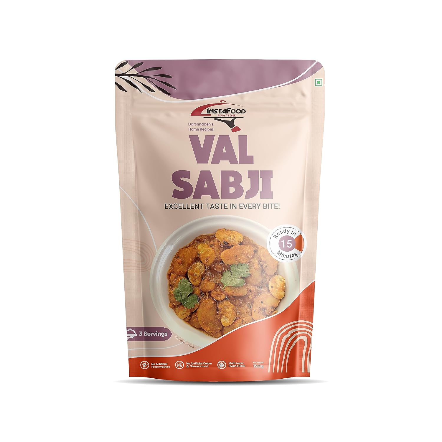 INSTAFOOD Val Sabji | Ready to Eat Meal | Ready to Cook | Zip Lock Packaging | Vegetarian Meal | Just Add Water And Cook, 150 gm