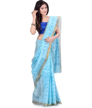 Desh Bidesh Cotton Blend Printed Saree Without Blouse Piece ( Light Blue )