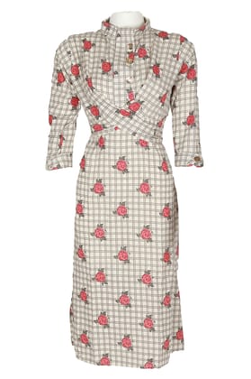 Women's Cotton Handloom Check, High Collar Kurti, Rolled Up Sleeves, Layer Style with Belt (Color:- Off-White)