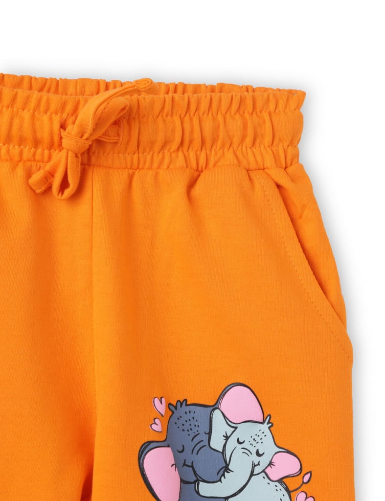 Elegant Kids Girls Shorts Cotton French Terry Vibrant Orange Cute Couple Elephant 2025 at ShopCi