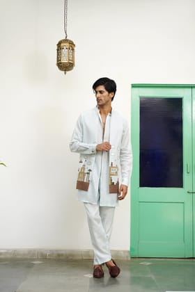 Sagar Sky Blue Linen Front Open Long Jacket Set-XS/34