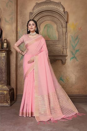 Women's Soft Linen Striped Saree with Unstitched Blouse (PInk, 5-6 Mtrs)