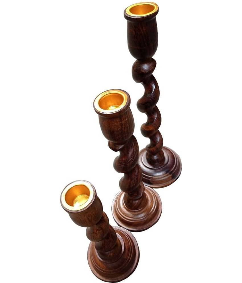 SWH Brown Table Top Wood Tea Light Holder - Pack of 3