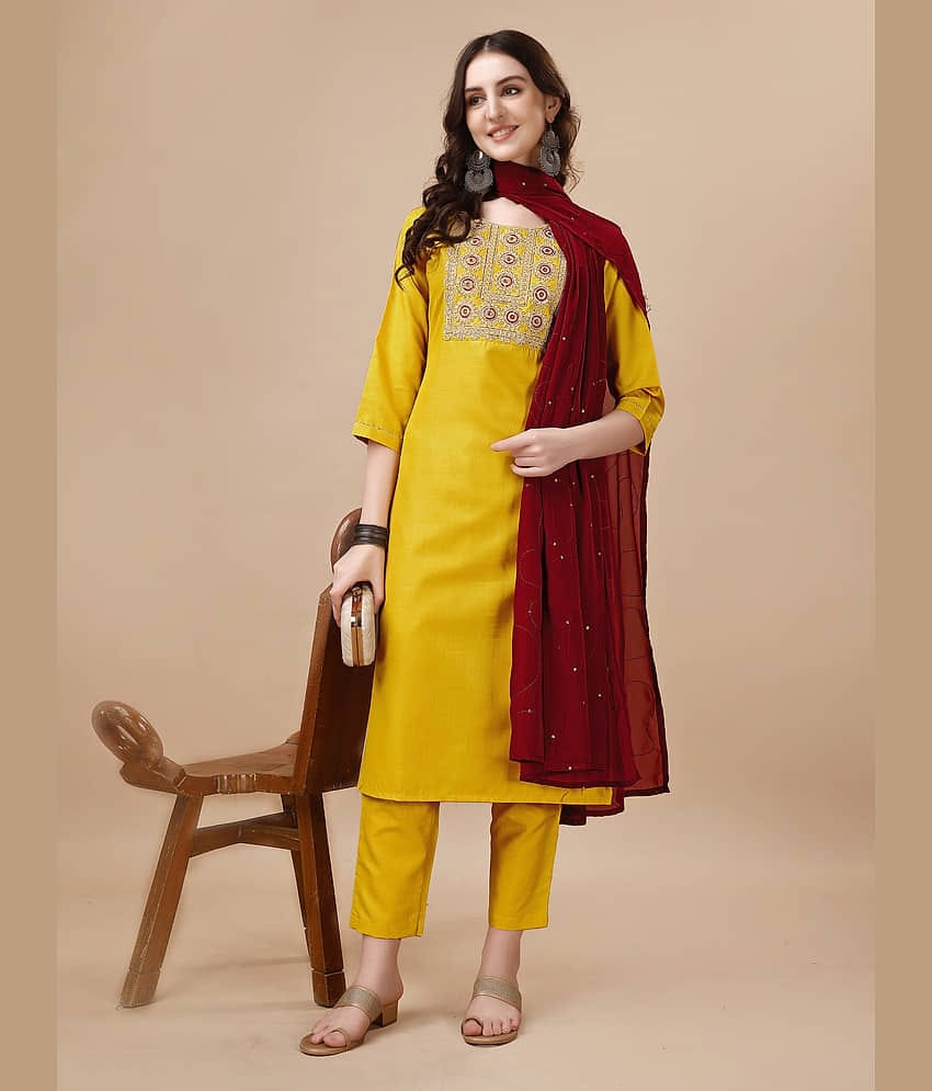 TRAHIMAM Viscose Embroidered Kurti With Pants Women's Stitched Salwar Suit - Yellow ( Pack of 1 )