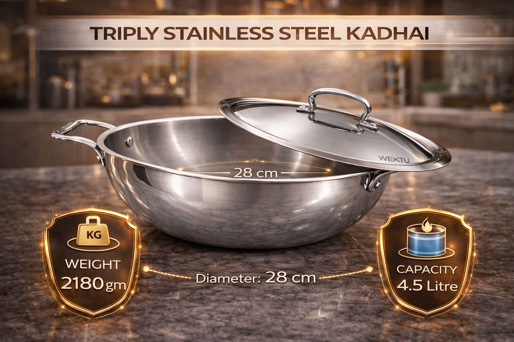 WEKTU Premium Tri-Ply Stainless Steel Kadhai with Lid - Induction & Gas Compatible, Mirror Finish - Cookware | Buy online on ZillyBuy