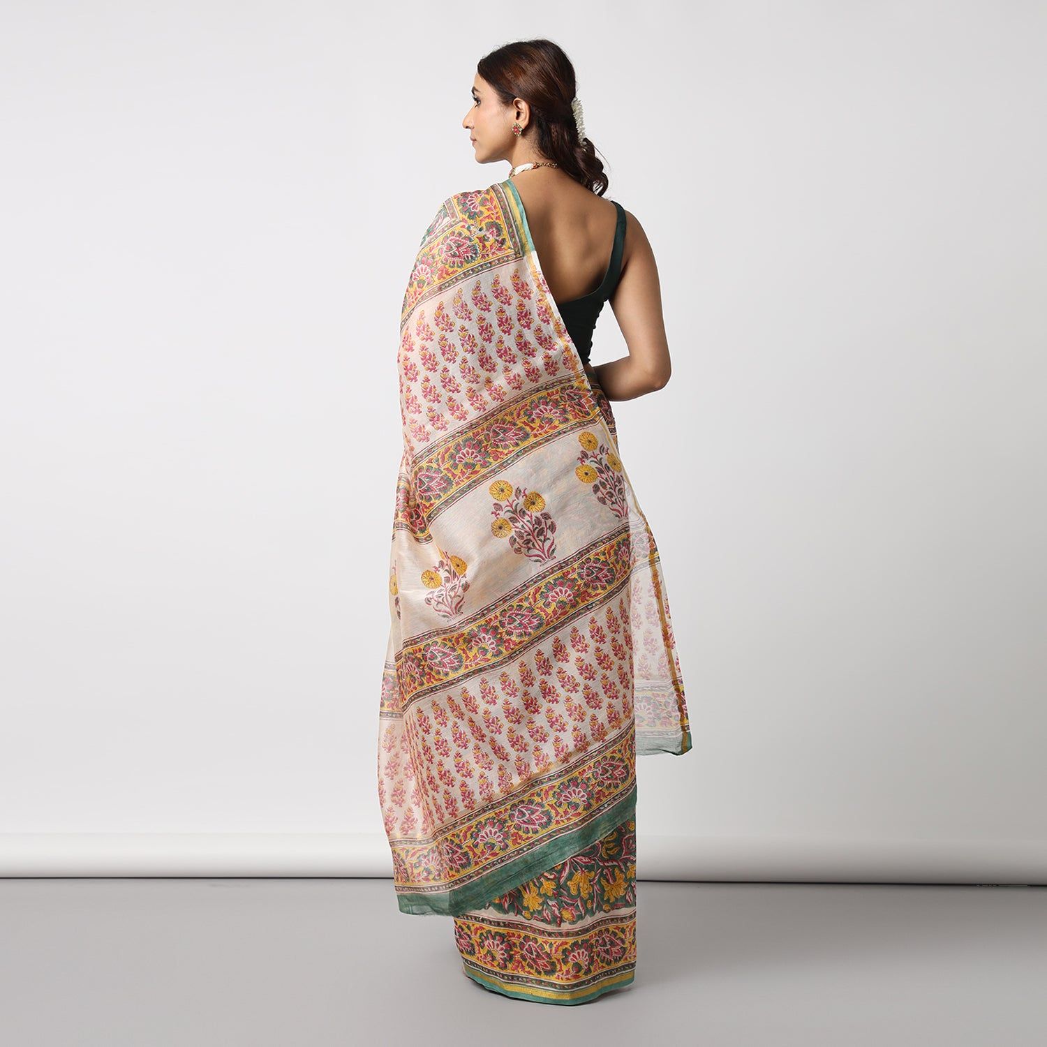 MOORA Garden of Secrets Multicolor Hand Block Print Chanderi Silk Saree Length 5.50 Meters Width 45 Inches with Blouse Piece 1 metre